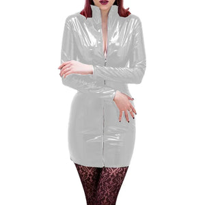 Multi-Color Wetlook PVC Leather Stand Neck Long Sleeve Bodycon Mini Dress with Front Zip for Party Club and High Street