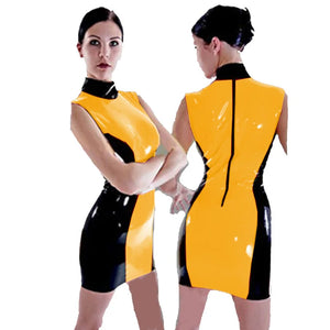 Wetlook PVC Sleeveless Bodycon Sheath Mini Dress Multicolor Patchwork Turtleneck Club Cocktail Party Vestido Fashion