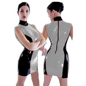 Wetlook PVC Sleeveless Bodycon Sheath Mini Dress Multicolor Patchwork Turtleneck Club Cocktail Party Vestido Fashion