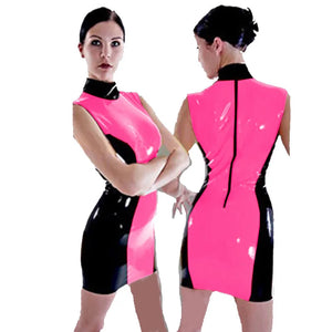 Wetlook PVC Sleeveless Bodycon Sheath Mini Dress Multicolor Patchwork Turtleneck Club Cocktail Party Vestido Fashion