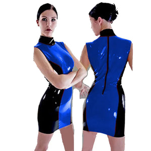 Wetlook PVC Sleeveless Bodycon Sheath Mini Dress Multicolor Patchwork Turtleneck Club Cocktail Party Vestido Fashion