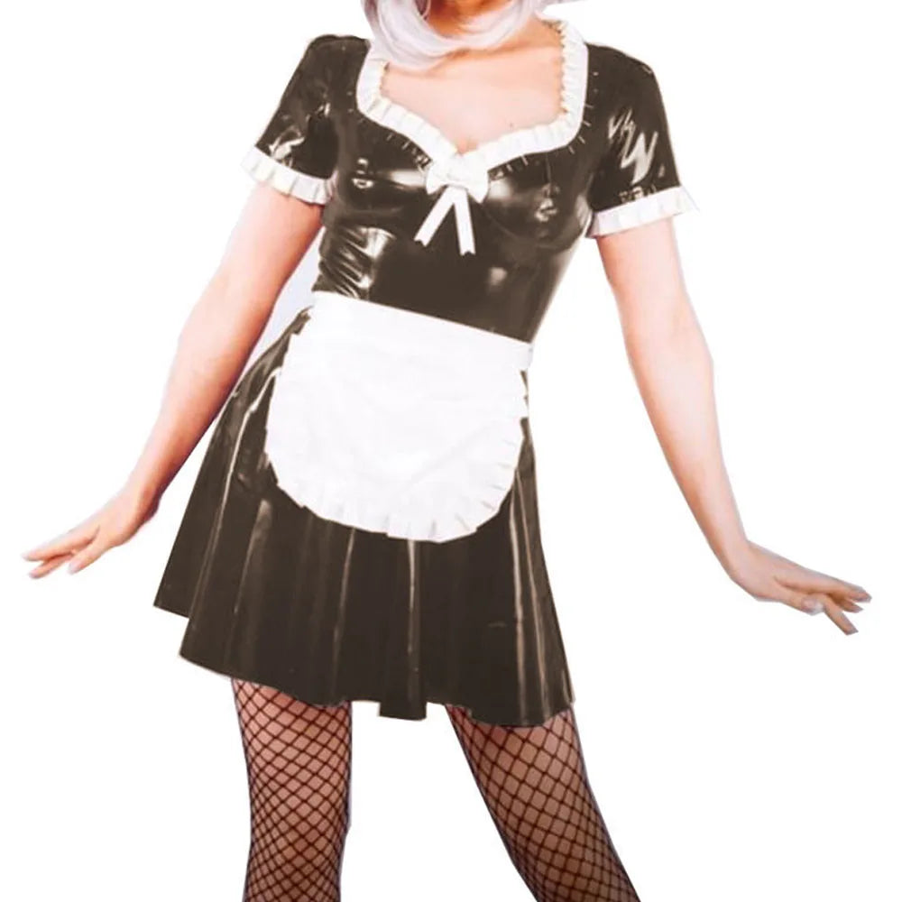 Wetlook PVC Leather Short Puff Sleeve Ruffle French Maid Dress with Apron Multi-Color S-7XL Adult Cosplay Costume