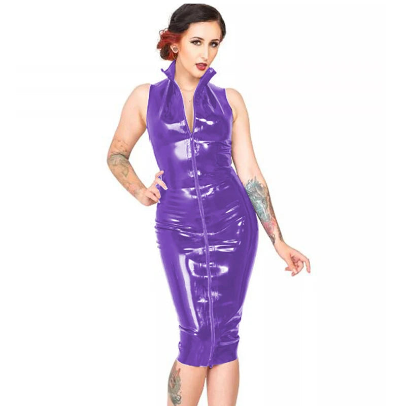 Multi-Color Women's Gothic PVC Leather Zip Front Sleeveless Turtleneck Bodycon Midi Dress Vintage Party Club 7XL