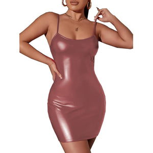 Women's Matte PU Leather Spaghetti Strap Bodycon Midi Sheath Dress Night Party Clubwear Vestidos Multi-Color 7XL