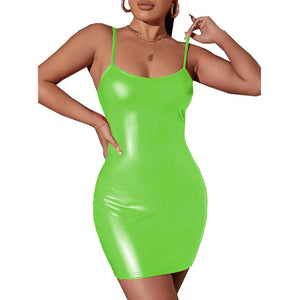 Women's Matte PU Leather Spaghetti Strap Bodycon Midi Sheath Dress Night Party Clubwear Vestidos Multi-Color 7XL