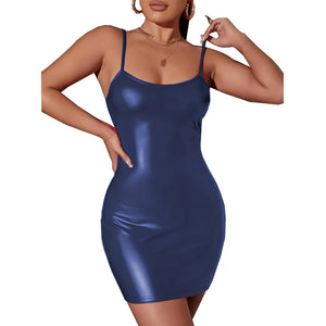 Women's Matte PU Leather Spaghetti Strap Bodycon Midi Sheath Dress Night Party Clubwear Vestidos Multi-Color 7XL