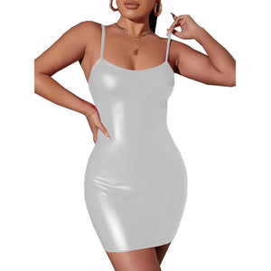 Women's Matte PU Leather Spaghetti Strap Bodycon Midi Sheath Dress Night Party Clubwear Vestidos Multi-Color 7XL