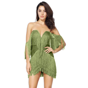 Women's Green Fringe Mini Dress Sexy Off the Shoulder V-Neck Strapless Bodycon Bandage Dress