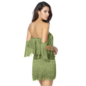 Women's Green Fringe Mini Dress Sexy Off the Shoulder V-Neck Strapless Bodycon Bandage Dress