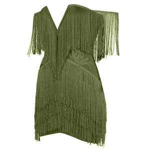 Women's Green Fringe Mini Dress Sexy Off the Shoulder V-Neck Strapless Bodycon Bandage Dress