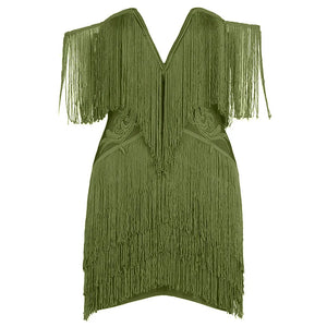 Women's Green Fringe Mini Dress Sexy Off the Shoulder V-Neck Strapless Bodycon Bandage Dress