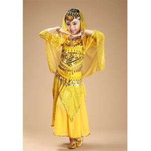NEW kids belly dance 4pcs(top+skirt+waist chain+veil) indian clothes yellow+h.pink+red girls belly dance costume 3302