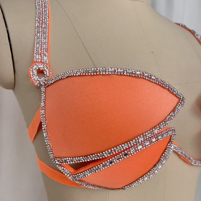 New Style Samba Carnival Rave Festival Party Wire Bra Rainbow Stone Orange Color