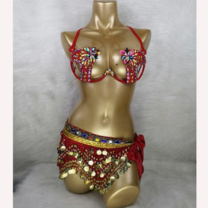 New Hot Shining Belly dance costume Sexy Samba Carnival set Wire Bra & Coin Belt Samba Suit performance wear C024