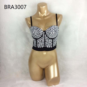 New Sexy Women's Punk Style Beaded Party Club Bra Black Push Up Diamond Rave Studded Bra Nightclub Costumes Bras Clubwear bra3007