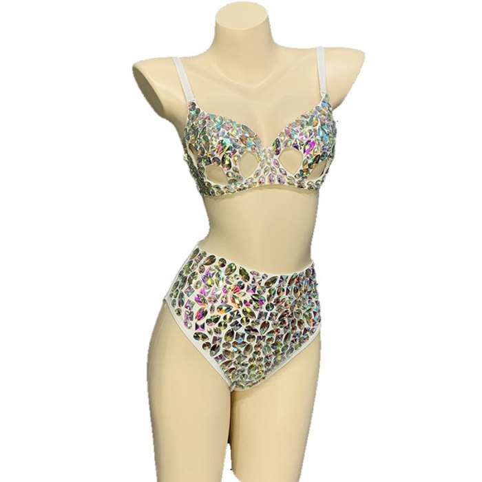New Samba Carnival Bikini Set Bra High Waist Panty Crystal Silver Stone Hand Made 2 Piece Dance Clothes Belly Dance Costume Wear N21010