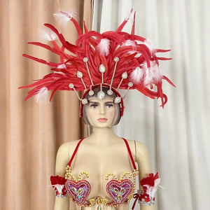 Samba Carnival Belly Wire Bra Belt  and Panty With feather head piece Hand Beads Passista Pageant Cabaret Broadway Theater Mardi Gras,Vegas Showgirls CF1721-2