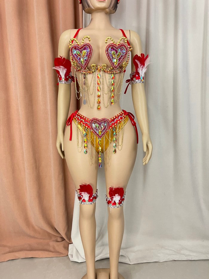 Samba Carnival Belly Wire Bra Belt  and Panty With feather head piece Hand Beads Passista Pageant Cabaret Broadway Theater Mardi Gras,Vegas Showgirls CF1721-2