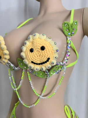New Samba Carnival Handmade Wire Bra Smiling Sunflower Weaving Pattern With Panty  For Party,EDC Carnival