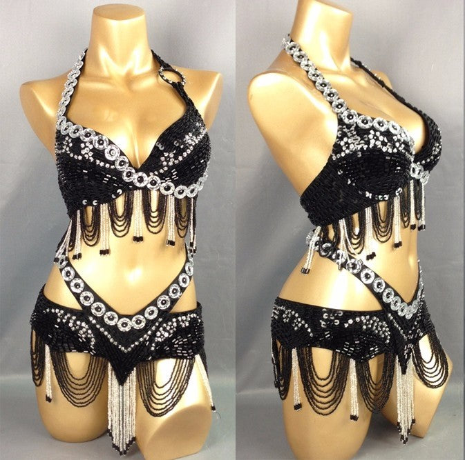 Hot design handmade beaded belly dance costume wear Bar+Belt 2piece/ set ,7 color ladies belly dance costumes women dancing wear TF250