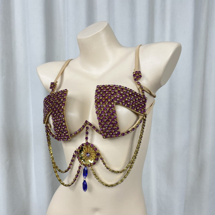 New Style Samba Carnival Rave Festival Party Wire Bra Rainbow Stone Brown Color