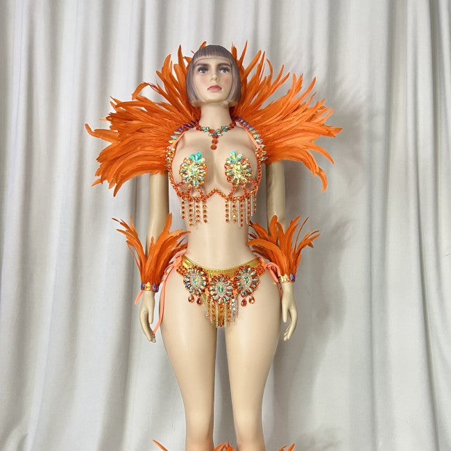 Top Quality Handmade Samba Rio Carnival Wire Bra+Belt+feather shawl With Stone Sexy Belly Dancing Costume