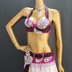 New Adult Women Stage Performance Gorgeous Belly Dance Costume 3pcs Set Handmade Beaded Sequins Performance Show Suit outfit TF1903  3PCS/SET