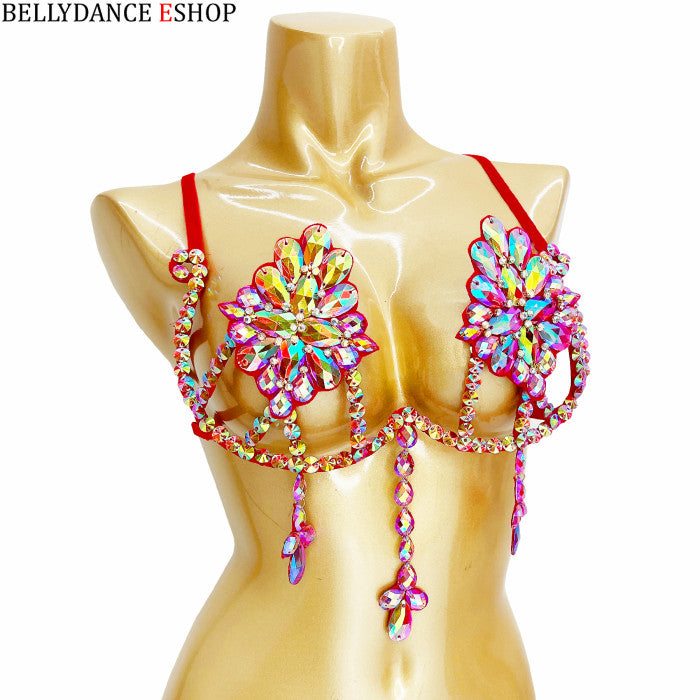 Samba Carnival Wire Bra And Panty Rainbow Stone Red color Handmade 2 piece BP038