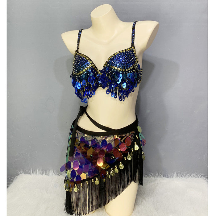 New Adult Lady Women Belly Dance Costume Set Beaded Sequins Tassel Belly Dance Bra Hip Scarf 3Pcs Bellydancing Stage Dance Wear N21014