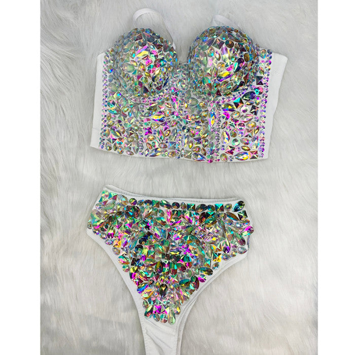 Flashing Sexy Stage Costumes Samba Carnival Bra High Waist Pants AB Color Stone Hand Made 2 Piece Bodysuit Costume Dancer Outfit  BP015