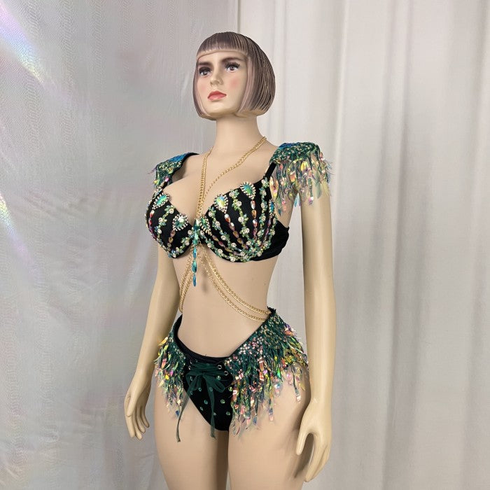New Style Samba Carnival  Halloween Handmade Costumes Bra Belt And Panty 3 Piece For Performance C059
