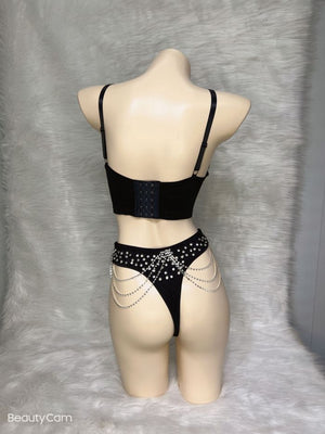 Party Dance Corset+High waist thong Women's Corset Rave Crystal Showgirl
