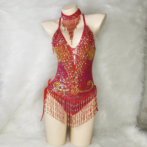 Sexy Samba Carnival Costumes Beading Sequin One-Piece Bodysuit Swimsuit Outfit Stage Performance Rave EDC Party Club Wear BS009
