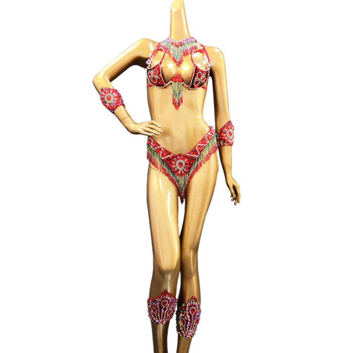 Sexy Samba Carnival Costumes Handmade Beaded Bra&Thong Set Women Outfit Belly Dance Clothes Nightclub Party Showgirl dance wear C022