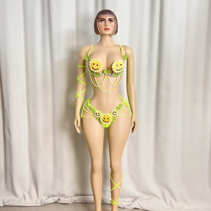 New Samba Carnival Handmade Wire Bra Smiling Sunflower Weaving Pattern With Panty  For Party,EDC Carnival