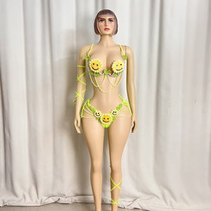 New Samba Carnival Handmade Wire Bra Smiling Sunflower Weaving Pattern With Panty  For Party,EDC Carnival