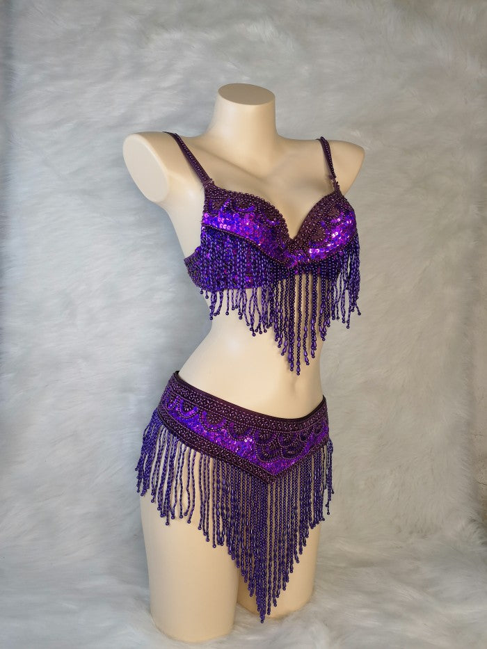 New Women's Belly Dance Set Sexy Carnival Costume Beaded Belly Dancing Clothes Sexy Night Bellydance Tops Chain BRA Belt T201 3pc/Set