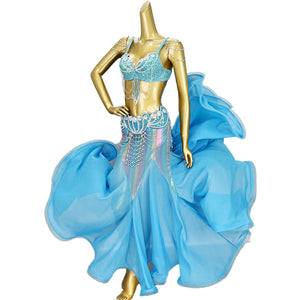 High Quality Handmade Beaded Embroidery Belly Dance Costume Women Stage Performance 3-Piece Dance Set Belly Dancing Wear Outfits TF2152+SK1909
