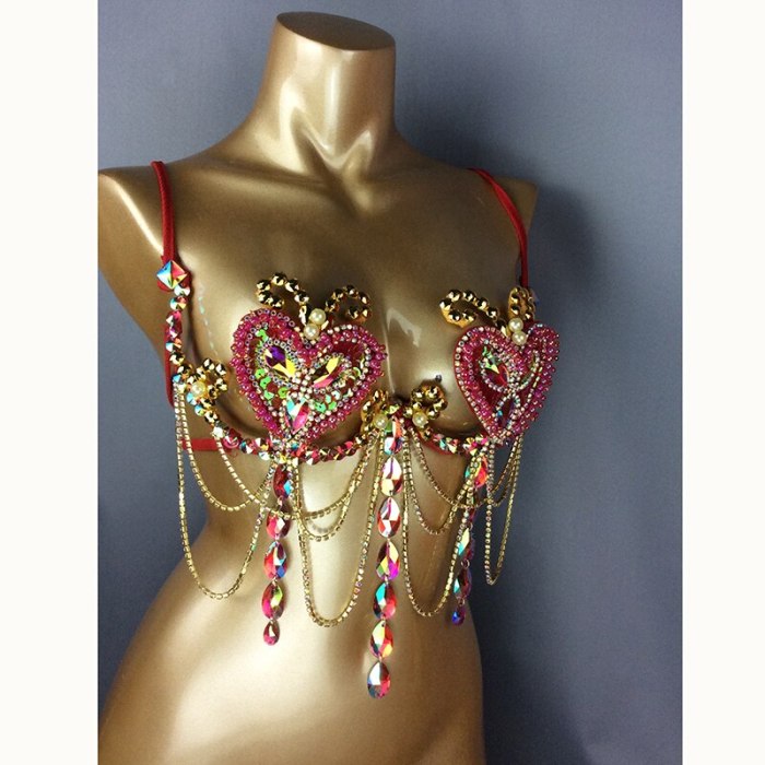 Samba Carnival Bra Rainbow Pink & RED Stone Belly dancing WIRE BRA FREE SHIPPING BB1721