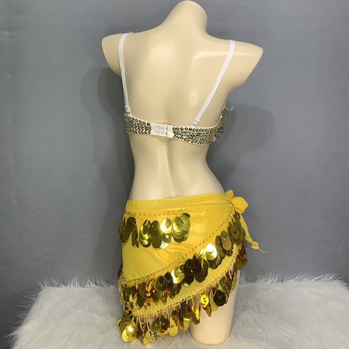 Cute Women Belly Dance Clothes Sequins Belly Dance Costume Set Bra Hip Scarf Wrap Panty Carnival Rave Performance Stage Costume N21013
