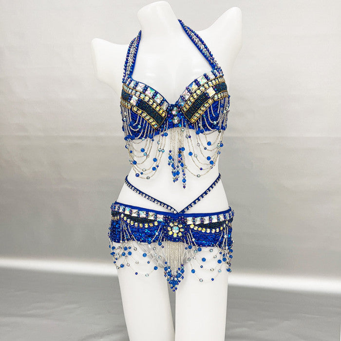 New Sexy Beaded Belly Dance Costume Women Tops Bra Chain Belt 2pc Set Night Dance Wear Tassel Belly Dancing Outfit Carnival Costume  N21024