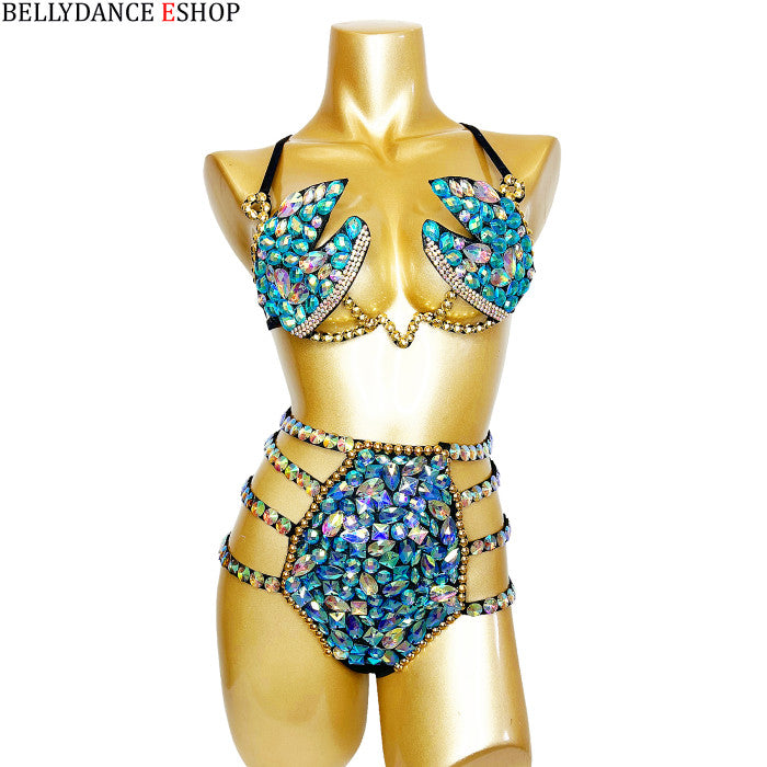 Samba Carnival Wire Bra And Panty Rainbow Stone Free Shipping Black and royal blue color BP036