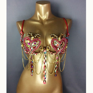Samba Carnival Bra Rainbow Pink & RED Stone Belly dancing WIRE BRA FREE SHIPPING BB1721