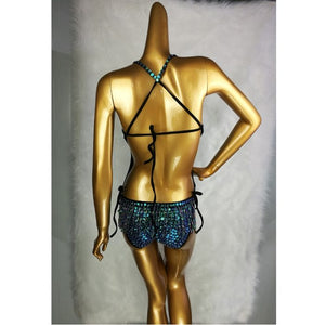 Sexy Women beading Bodysuit Sequin Swimsuit latin Belly Dance Costume Dancer One-Piece Outfit Costume Stage Performance Blue BS02