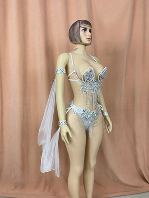 Samba Carnival Wire Bra & Panty & Belt Set Hand Made Belly Dancing Costume Outfit with arm sleeves