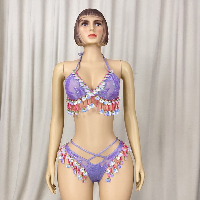 New Style Samba Carnival Purple Color Sequins Fabric Top And Panty With Beads And Tassels For EDC