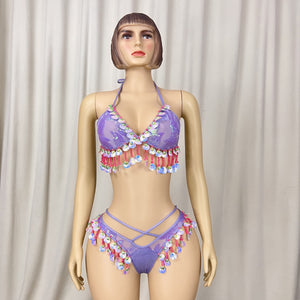 New Style Samba Carnival Purple Color Sequins Fabric Top And Panty With Beads And Tassels For EDC