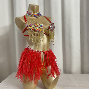 New Style Handmade Samba Carnival Wire Bra,Pants And Ostrich Feather Mini Skirt With Stones For EDC Festival Rave Carnival Red Color