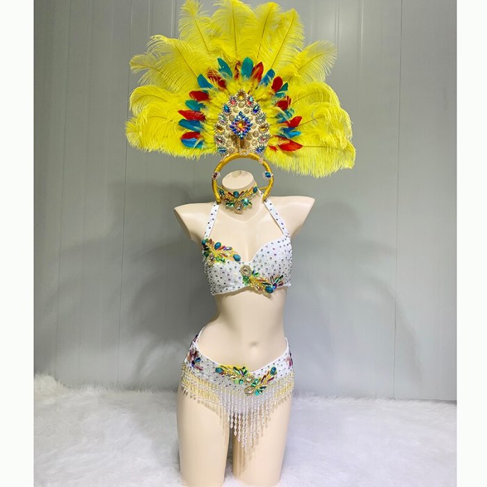 Sexy Women Samba Rio Carnival Costume Handmde Belly Dance Costume Wire Bra&Belt Set with Feather Head piece Rainbow stones C031