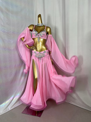 New Style Samba Carnival Handmade Belly Dance Costumes Pink Color Performance Costumes Bra Belt Skirt With Arm Sleeves 5 Piece/Set